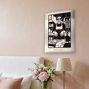 Coraline inspired art print in black woodcut style: the Other Mother with black button eyes and red fingernails smiles over a roast chicken as Coraline, seen from behind, sits at the table. Shown framed in black, white or natural oak and unframed, with the style reference and behind-the-scenes shots.