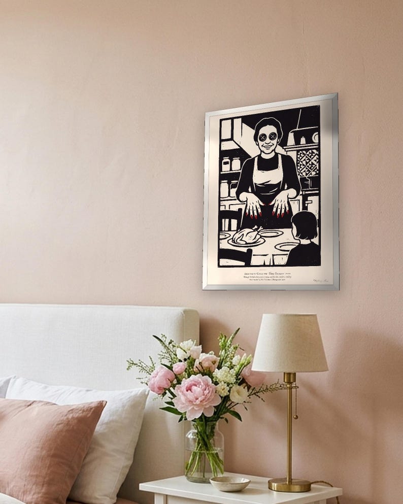 Coraline inspired art print in black woodcut style: the Other Mother with black button eyes and red fingernails smiles over a roast chicken as Coraline, seen from behind, sits at the table. Shown framed in black, white or natural oak and unframed, with the style reference and behind-the-scenes shots.