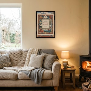 Personalised reading corner bookplate print in engraved ink on cream: a border of stacked books, a reading lamp and an open window, with Ex Libris above and a teacher's name and class year set in the centre.