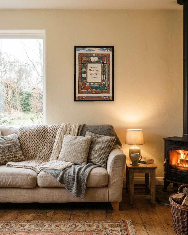 Personalised reading corner bookplate print in engraved ink on cream: a border of stacked books, a reading lamp and an open window, with Ex Libris above and a teacher's name and class year set in the centre.