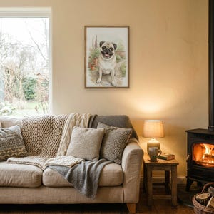 Personalised pet portrait print: Beatrix Potter style, A3 in a natural oak frame, cosy living room, wood burner