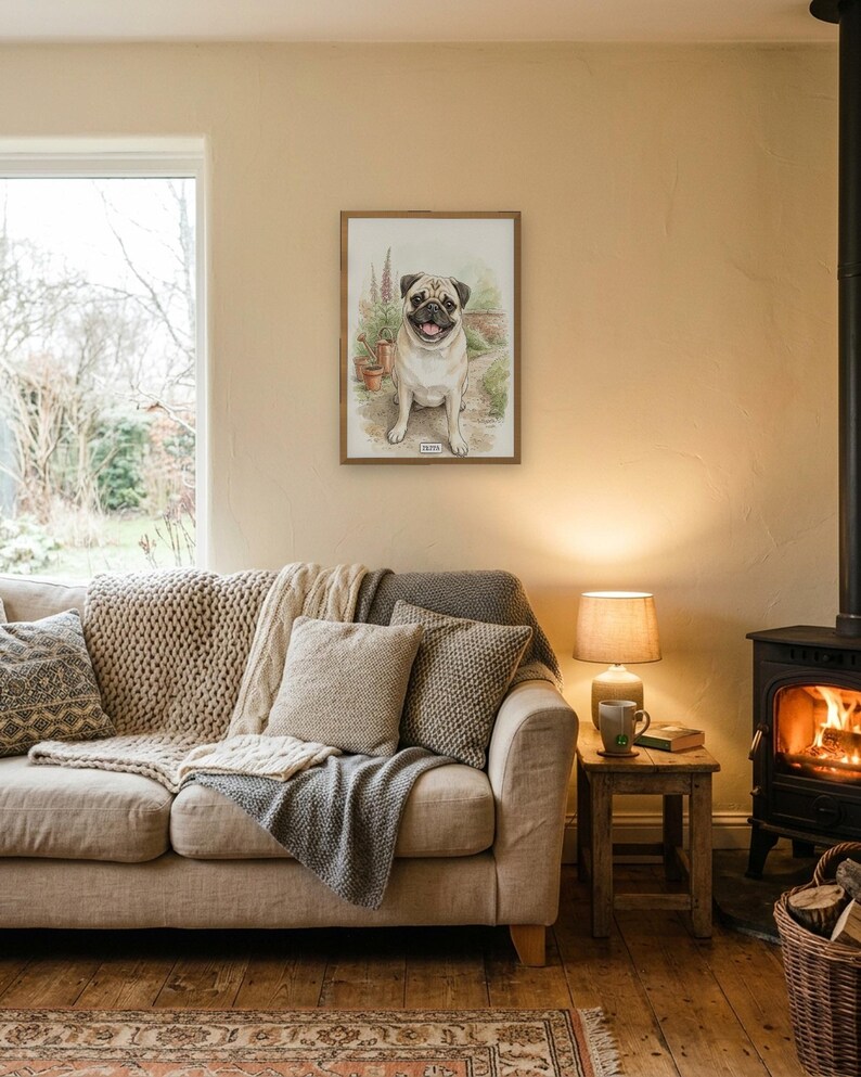 Personalised pet portrait print: Beatrix Potter style, A3 in a natural oak frame, cosy living room, wood burner