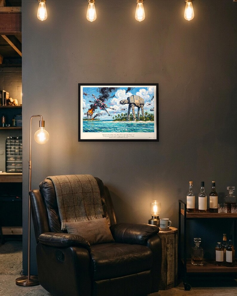 Rogue One battle of Scarif art print in Van Gogh style: starfighters dive over a turquoise lagoon as armoured walkers stride through palm trees, one burning, under swirling clouds and black smoke. Shown framed in black, white or natural oak and unframed, with the style reference and behind-the-scenes shots.