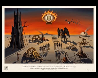 Surrealist Mordor Art Print, Lord of the Rings Melting Tower of Barad-dur, Flaming Eye and Orcs, Dream Landscape Wall Art