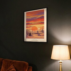 Twin suns sci fi art print in French colour lithograph style: two figures watch twin suns set over a desert homestead of domes and water towers at dusk. Shown framed in black, white or natural oak and unframed, with the style reference and behind-the-scenes shots.