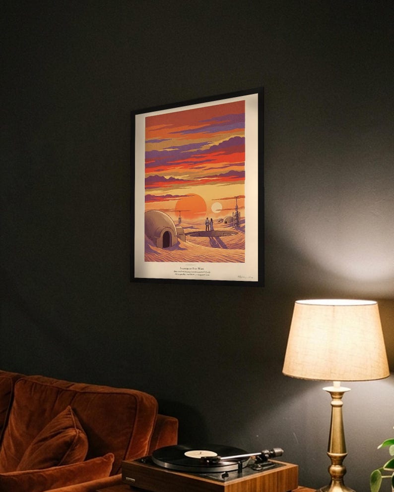 Twin suns sci fi art print in French colour lithograph style: two figures watch twin suns set over a desert homestead of domes and water towers at dusk. Shown framed in black, white or natural oak and unframed, with the style reference and behind-the-scenes shots.