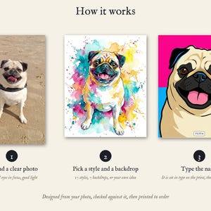 Personalised pet portrait print: How it works: upload a photo, pick a style and backdrop, type the name