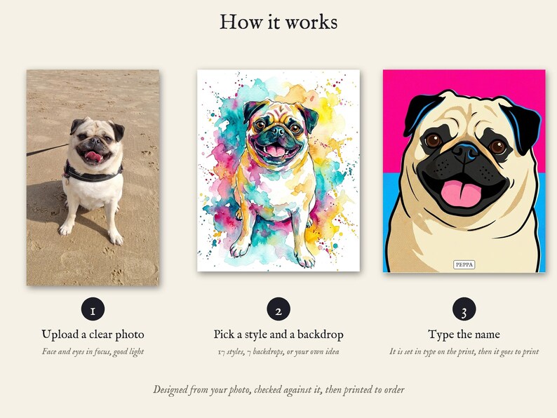 Personalised pet portrait print: How it works: upload a photo, pick a style and backdrop, type the name