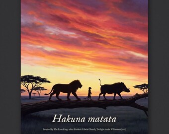 Hakuna Matata Print, Lion King Inspired Sunset Wall Art, Disney Meerkat and Warthog Silhouette, Safari Nursery or Bedroom Decor