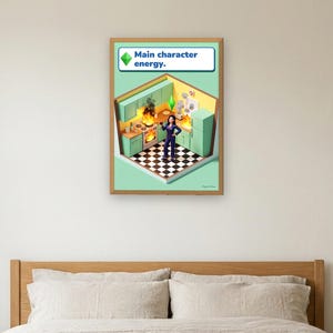 Main character energy funny kitchen print in bright life-sim game style: a calm woman in navy pyjamas holds a glass of red wine while her mint and lemon kitchen burns around her. Shown framed in black, white or natural oak and unframed, with behind-the-scenes shots.