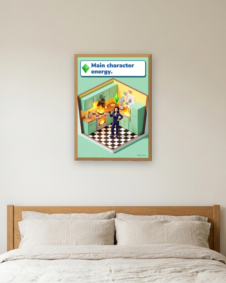 Main character energy funny kitchen print in bright life-sim game style: a calm woman in navy pyjamas holds a glass of red wine while her mint and lemon kitchen burns around her. Shown framed in black, white or natural oak and unframed, with behind-the-scenes shots.