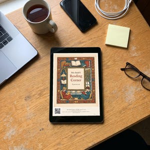 Personalised reading corner bookplate print in engraved ink on cream: a border of stacked books, a reading lamp and an open window, with Ex Libris above and a teacher's name and class year set in the centre.