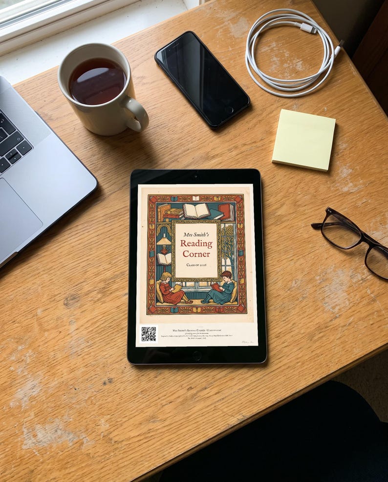 Personalised reading corner bookplate print in engraved ink on cream: a border of stacked books, a reading lamp and an open window, with Ex Libris above and a teacher's name and class year set in the centre.