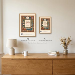 Personalised reading corner bookplate print in engraved ink on cream: a border of stacked books, a reading lamp and an open window, with Ex Libris above and a teacher's name and class year set in the centre.