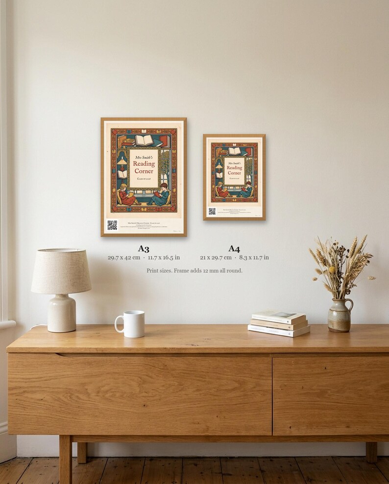 Personalised reading corner bookplate print in engraved ink on cream: a border of stacked books, a reading lamp and an open window, with Ex Libris above and a teacher's name and class year set in the centre.