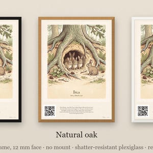Personalised Peter Rabbit nursery print in the style of a Caldecott colour wood engraving: four little rabbits in a sand-bank under the root of a big fir tree, with the first line of the story and a band for the baby's name and date.