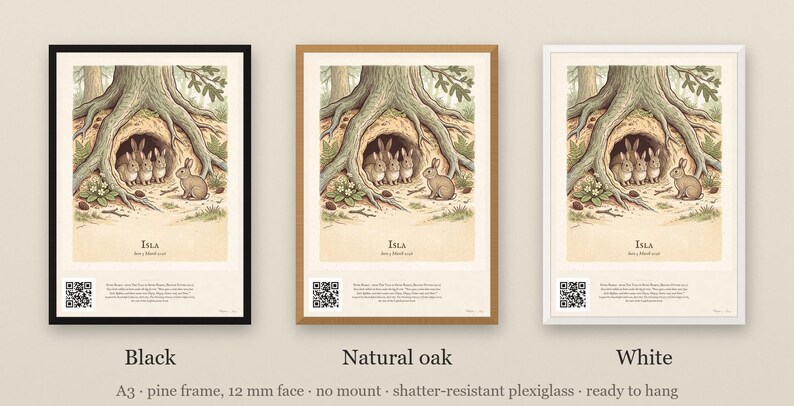Personalised Peter Rabbit nursery print in the style of a Caldecott colour wood engraving: four little rabbits in a sand-bank under the root of a big fir tree, with the first line of the story and a band for the baby's name and date.