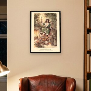 A Christmas Carol art print in Edwardian ink and watercolour style: the Ghost of Christmas Present in a green fur-trimmed robe and holly crown sits on a heap of Christmas food as Scrooge peers round the door. Shown framed in black, white or natural oak and unframed, with the style reference and behind-the-scenes shots.