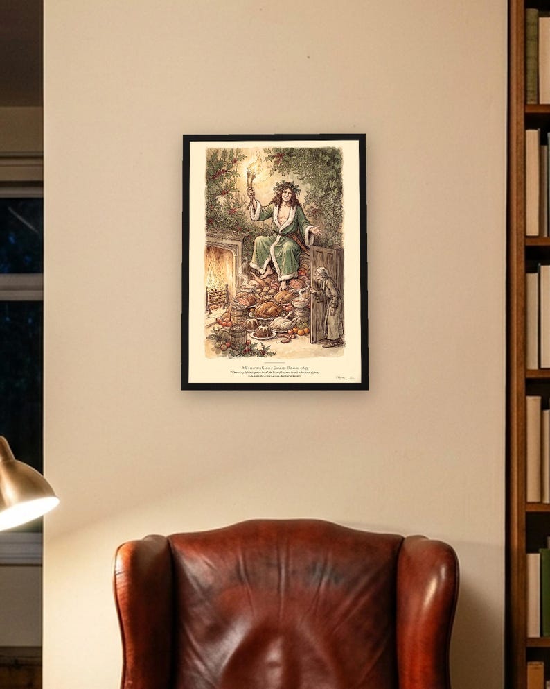 A Christmas Carol art print in Edwardian ink and watercolour style: the Ghost of Christmas Present in a green fur-trimmed robe and holly crown sits on a heap of Christmas food as Scrooge peers round the door. Shown framed in black, white or natural oak and unframed, with the style reference and behind-the-scenes shots.