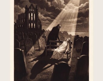 Dracula Poster Art Print, Whitby Abbey Gothic Wall Art, Bram Stoker Vampire Mezzotint, Halloween Decor Gift