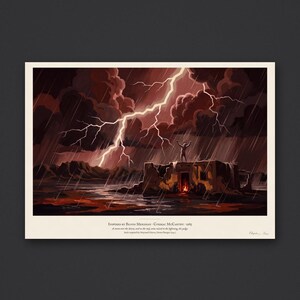 Blood Meridian art print in 1930s Southwest desert painting style: a pale figure stands on the roof of a ruined adobe with arms raised to the lightning, men round a fire in the doorway below, rain over the desert. Shown framed in black, white or natural oak and unframed, with the style reference and behind-the-scenes shots.