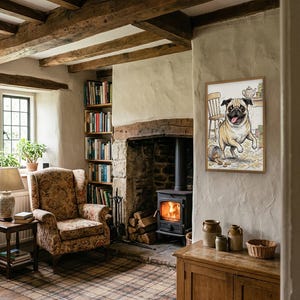 Personalised pet portrait print: Quirky storybook, A3 in a natural oak frame, cottage living room