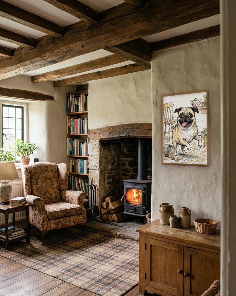 Personalised pet portrait print: Quirky storybook, A3 in a natural oak frame, cottage living room