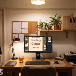 Personalised reading corner bookplate print in engraved ink on cream: a border of stacked books, a reading lamp and an open window, with Ex Libris above and a teacher's name and class year set in the centre.