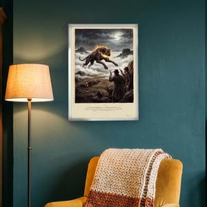 Hound of the Baskervilles art print in a 1790s colour print style: a huge black hound bursts out of the fog on Dartmoor under a full moon as two men with revolvers rise from the rocks. Shown framed in black, white or natural oak and unframed, with the style reference and behind-the-scenes shots.