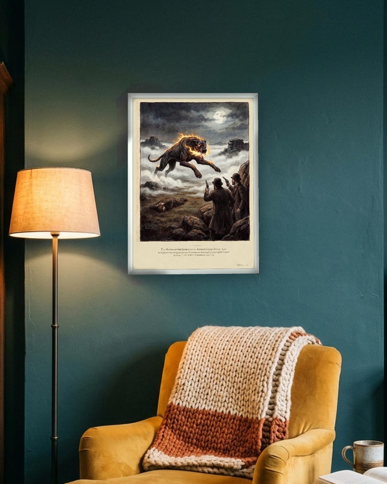 Hound of the Baskervilles art print in a 1790s colour print style: a huge black hound bursts out of the fog on Dartmoor under a full moon as two men with revolvers rise from the rocks. Shown framed in black, white or natural oak and unframed, with the style reference and behind-the-scenes shots.