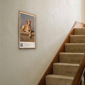 Personalised dog memorial print in the style of Edwin Landseer: a gentle portrait of a dog at rest, with Lord Byron's epitaph, Beauty without Vanity, Strength without Insolence, Courage without Ferocity, and a line for the dog's name and years.