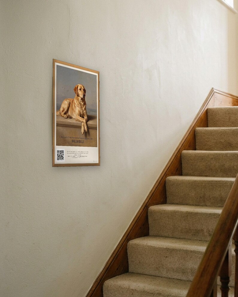 Personalised dog memorial print in the style of Edwin Landseer: a gentle portrait of a dog at rest, with Lord Byron's epitaph, Beauty without Vanity, Strength without Insolence, Courage without Ferocity, and a line for the dog's name and years.
