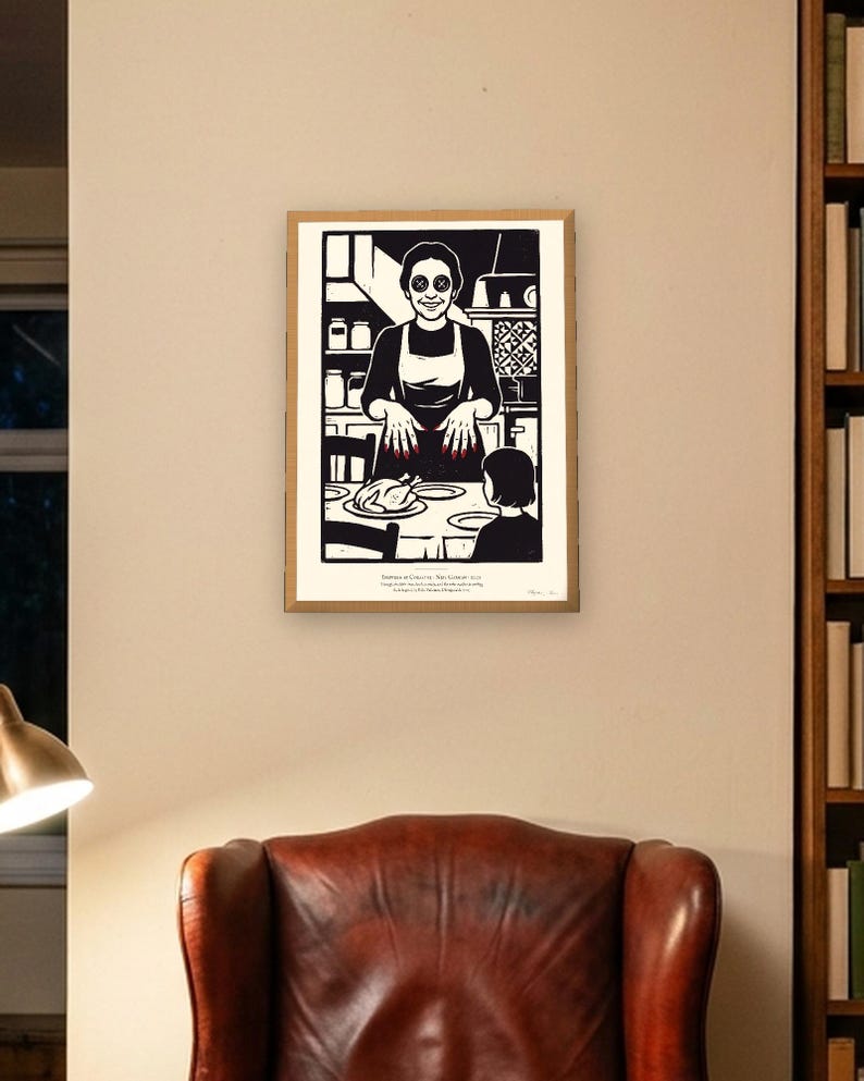 Póster de Coraline, grabado en madera de The Other Mother Button Eyes, arte mural de Halloween espeluznante de Neil Gaiman imagen 5