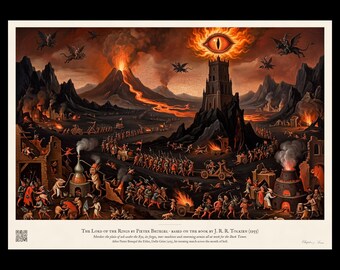 Mordor Art Print, Lord of the Rings Hellscape, Eye of Sauron and Mount Doom, Bruegel Style Dark Fantasy Wall Art