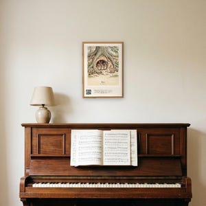 Personalised Peter Rabbit nursery print in the style of a Caldecott colour wood engraving: four little rabbits in a sand-bank under the root of a big fir tree, with the first line of the story and a band for the baby's name and date.