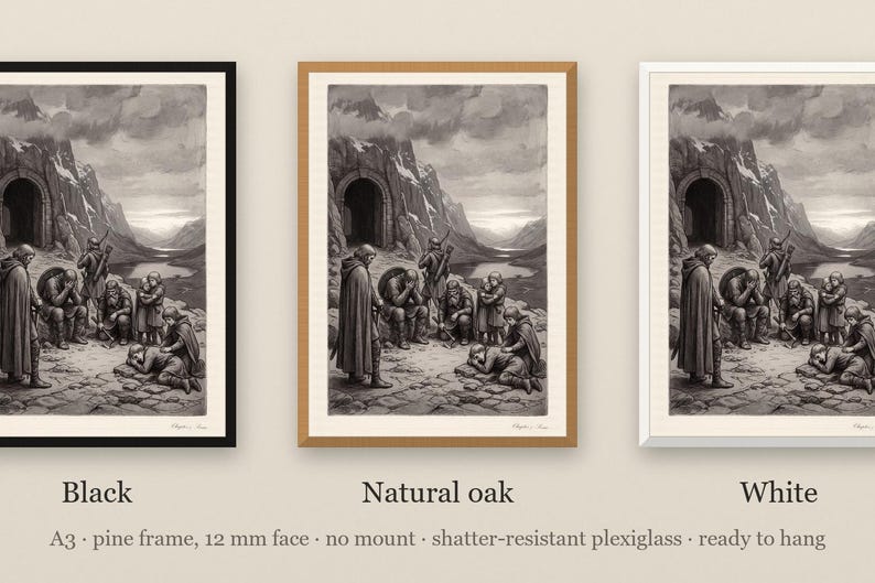 Lord of the Rings Art Print, Fellowship Grief at Moria Etching Wall Art, Lothlorien Tolkien Gift image 6