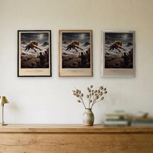 Hound of the Baskervilles art print in a 1790s colour print style: a huge black hound bursts out of the fog on Dartmoor under a full moon as two men with revolvers rise from the rocks. Shown framed in black, white or natural oak and unframed, with the style reference and behind-the-scenes shots.