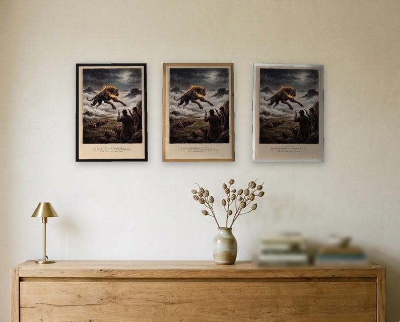 Hound of the Baskervilles art print in a 1790s colour print style: a huge black hound bursts out of the fog on Dartmoor under a full moon as two men with revolvers rise from the rocks. Shown framed in black, white or natural oak and unframed, with the style reference and behind-the-scenes shots.