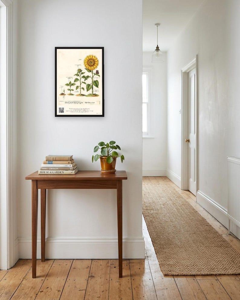 Personalised teacher thank-you print in the style of a coloured botanical engraving: one plant shown in four stages from seed to flower on cream, with Thank you for helping me grow and a line for the class name and year.