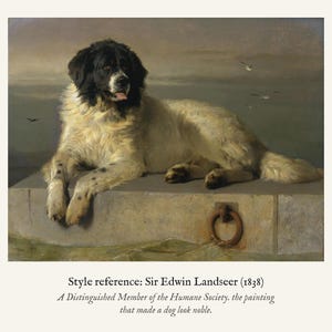 Personalised dog memorial print in the style of Edwin Landseer: a gentle portrait of a dog at rest, with Lord Byron's epitaph, Beauty without Vanity, Strength without Insolence, Courage without Ferocity, and a line for the dog's name and years.