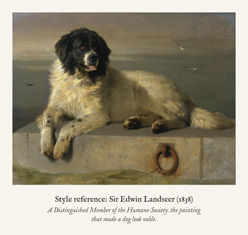 Personalised dog memorial print in the style of Edwin Landseer: a gentle portrait of a dog at rest, with Lord Byron's epitaph, Beauty without Vanity, Strength without Insolence, Courage without Ferocity, and a line for the dog's name and years.