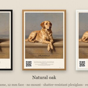 Personalised dog memorial print in the style of Edwin Landseer: a gentle portrait of a dog at rest, with Lord Byron's epitaph, Beauty without Vanity, Strength without Insolence, Courage without Ferocity, and a line for the dog's name and years.