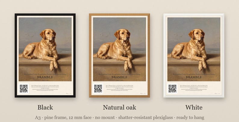 Personalised dog memorial print in the style of Edwin Landseer: a gentle portrait of a dog at rest, with Lord Byron's epitaph, Beauty without Vanity, Strength without Insolence, Courage without Ferocity, and a line for the dog's name and years.