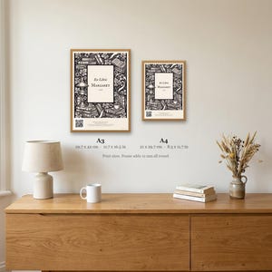 Personalised ex libris bookplate print in engraved ink on cream: a border of stacked books, a reading lamp and a cup of tea, with Ex Libris above and a mum's name and a year set in the centre.