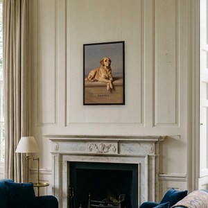Personalised dog memorial print in the style of Edwin Landseer: a gentle portrait of a dog at rest, with Lord Byron's epitaph, Beauty without Vanity, Strength without Insolence, Courage without Ferocity, and a line for the dog's name and years.