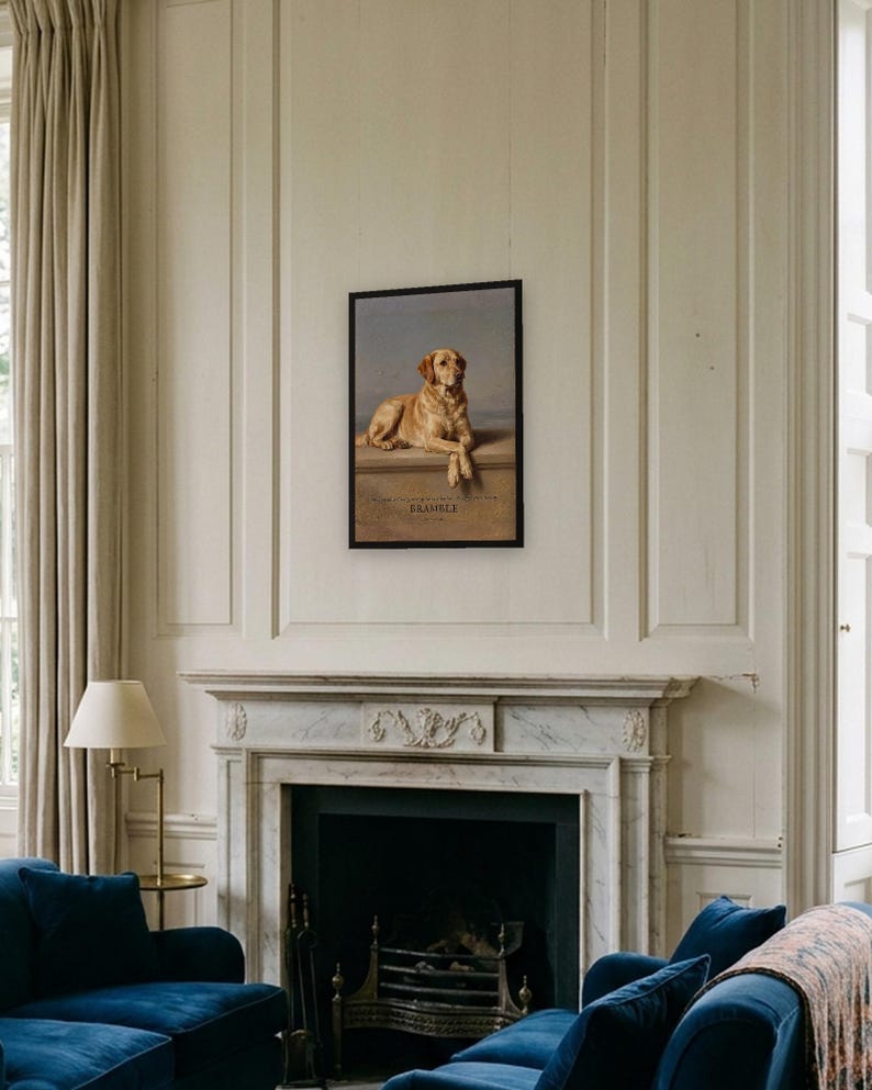 Personalised dog memorial print in the style of Edwin Landseer: a gentle portrait of a dog at rest, with Lord Byron's epitaph, Beauty without Vanity, Strength without Insolence, Courage without Ferocity, and a line for the dog's name and years.