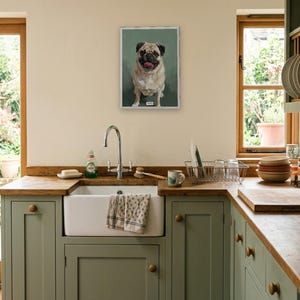 Personalised pet portrait print: Classic oil portrait, A3 in a white frame, shaker kitchen
