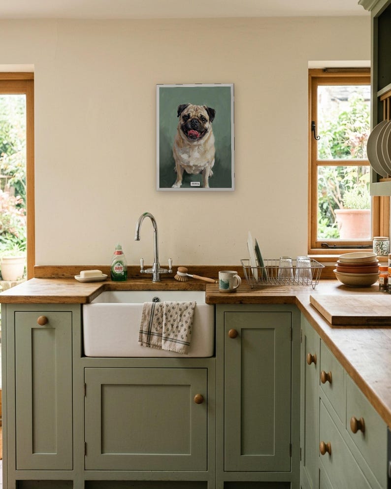 Personalised pet portrait print: Classic oil portrait, A3 in a white frame, shaker kitchen