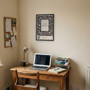 Personalised ex libris bookplate print in engraved ink on cream: a border of stacked books, a reading lamp and a cup of tea, with Ex Libris above and a mum's name and a year set in the centre.
