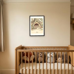 Personalised Peter Rabbit nursery print in the style of a Caldecott colour wood engraving: four little rabbits in a sand-bank under the root of a big fir tree, with the first line of the story and a band for the baby's name and date.